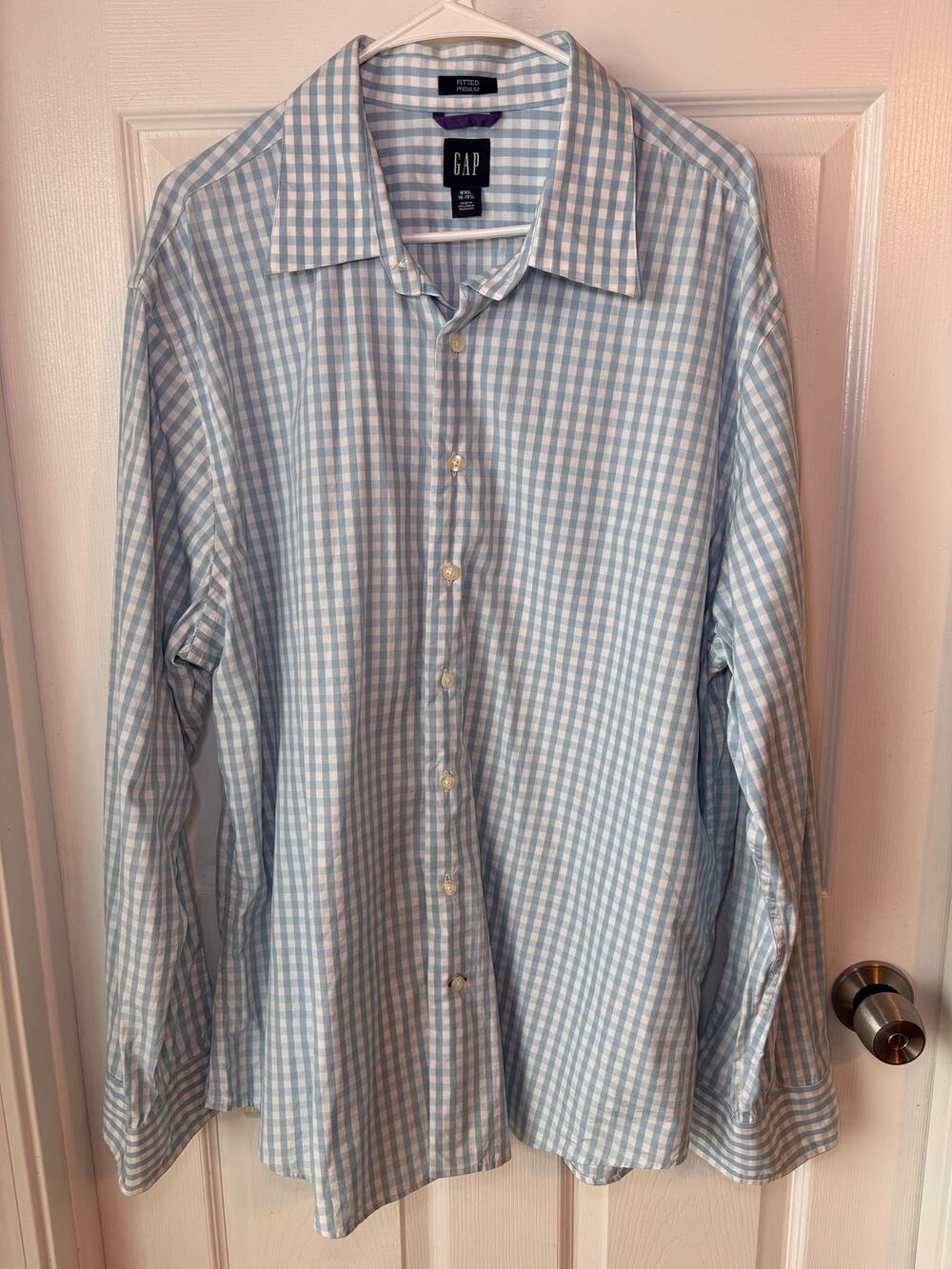 GAP Men’s XXL Fitted Premium Blue White Gingham Check Button Down Shirt